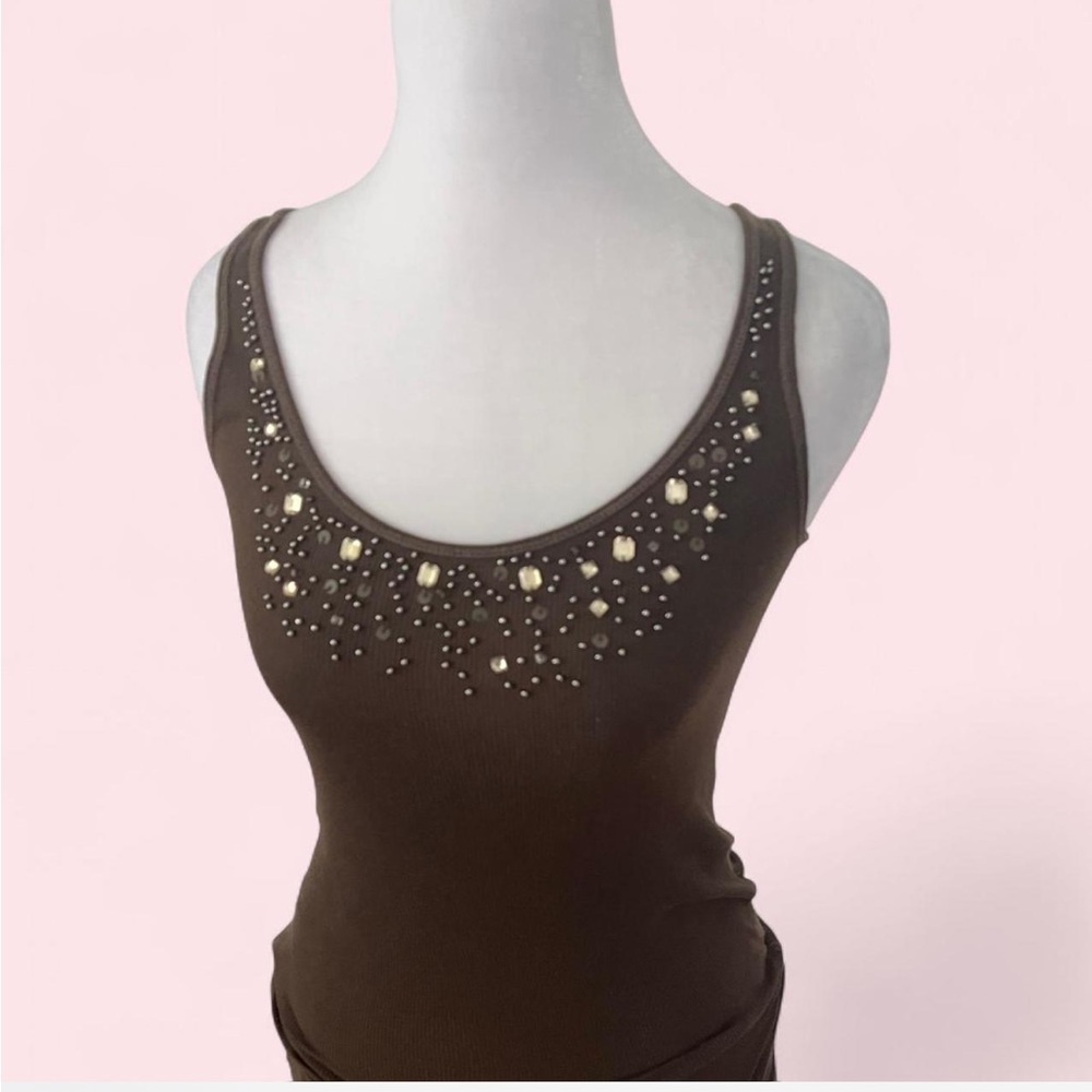 VTG Y2K Abercrombie & Fitch Long Beaded Stretch Tank Top M Brown Elena Gilbert - Picture 2 of 7